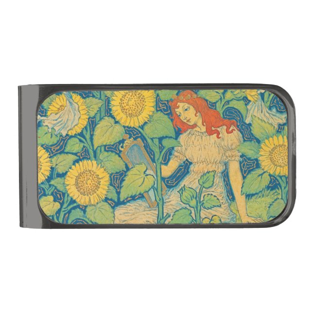 Flower Child Woman in Sunflower Garden Gunmetal Finish Money Clip (Front)
