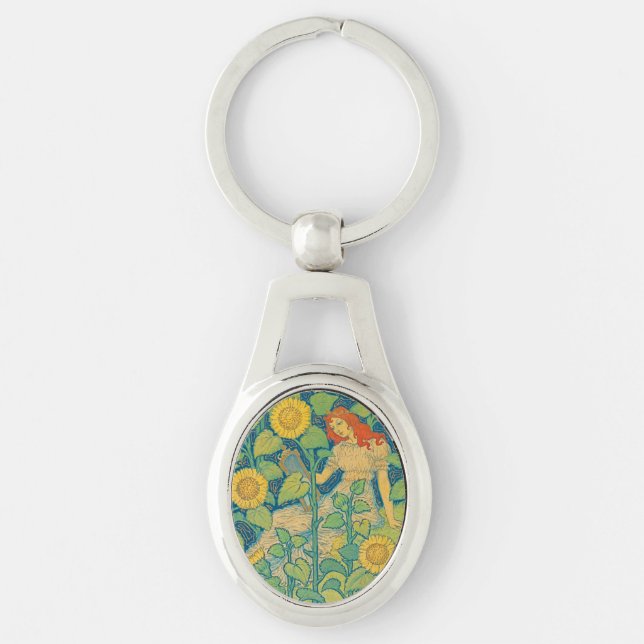 Flower Child Woman in Sunflower Garden Keychain (Front)