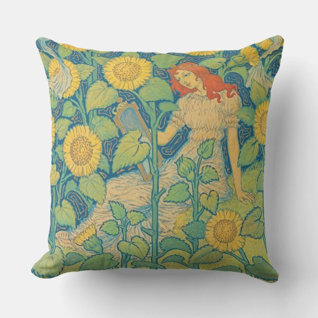 Flower Child Woman in Sunflower Garden Outdoor Pillow (Front)