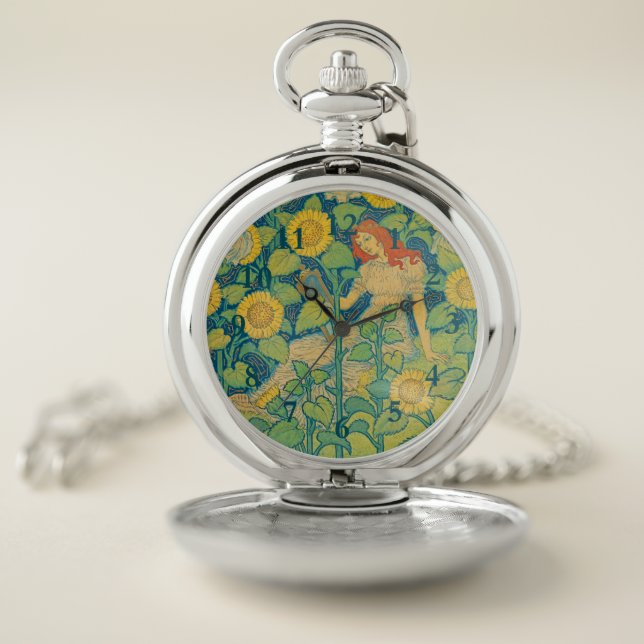 Flower Child Woman in Sunflower Garden Pocket Watch (Inside)