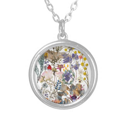 Flower Collage_ white background Silver Plated Necklace