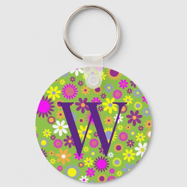 Flower Colorful Floral Initial Monogram Keychain (Front)
