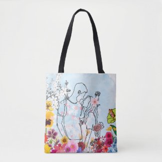 Flower Couple Tote with Black Handles