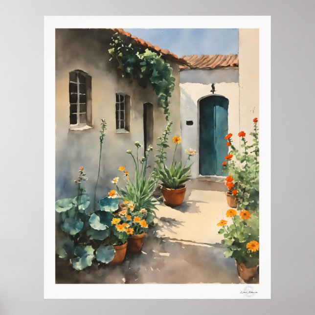 Flower Courtyard Canvas, Teal Door Garden Poster (Front)