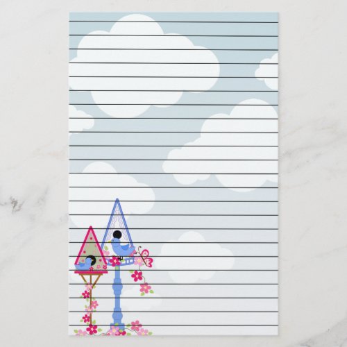 Flower Covered Bird Houses White Clouds Lined Stationery