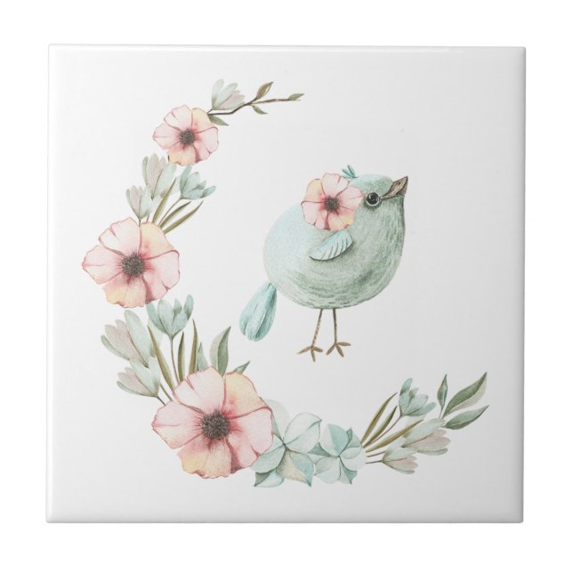 Flower Crescent with Baby Blue Bird  Art Tile (Front)