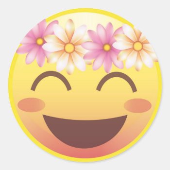 Flower Crown Blushing Emoji Face Sticker by EmojiSass at Zazzle