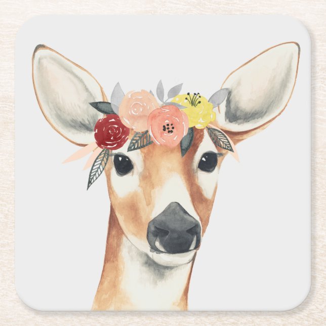 Flower Crown Forester Deer Square Paper Coaster (Front)