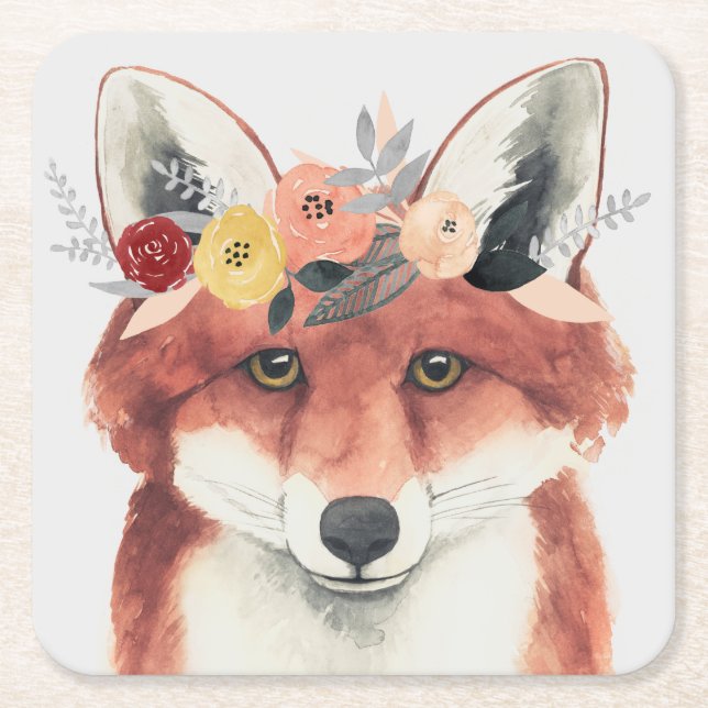 Flower Crown Forester Fox Square Paper Coaster (Front)