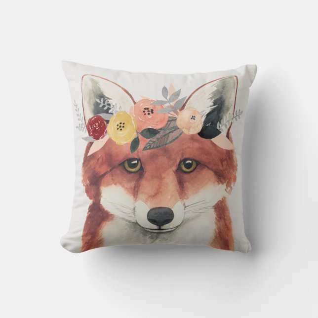 Flower Crown Forester Fox Throw Pillow (Front)