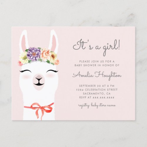 Flower Crown  Llama Girl Baby Shower Invitation Postcard