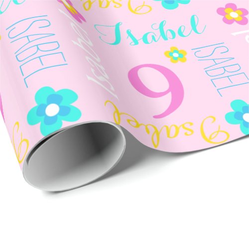 Flower custom name Isabel age 9 birthday wrap Wrapping Paper