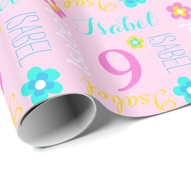 Flower custom name Isabel age 9 birthday wrap Wrapping Paper (Roll Corner)