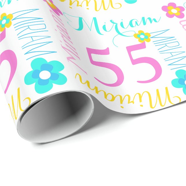 Flower custom name Miriam age 55 birthday wrap Wrapping Paper (Roll Corner)