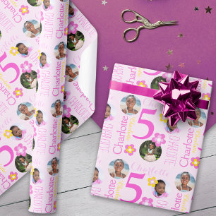 Flower custom name photos age 5th birthday wrap wrapping paper