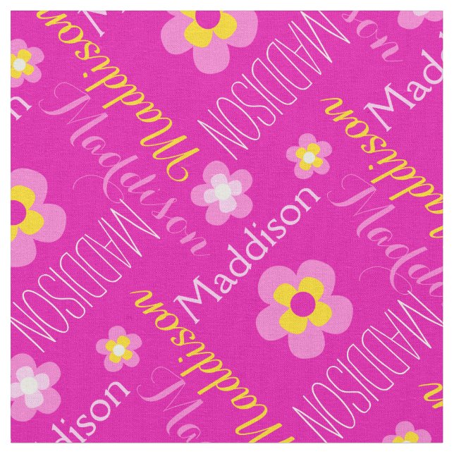 Flower custom name pink yellow typographic fabric (Close Up)