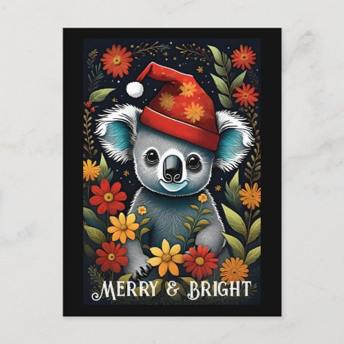 Flower Cute Santa Koala Bear Black Christmas  Postcard