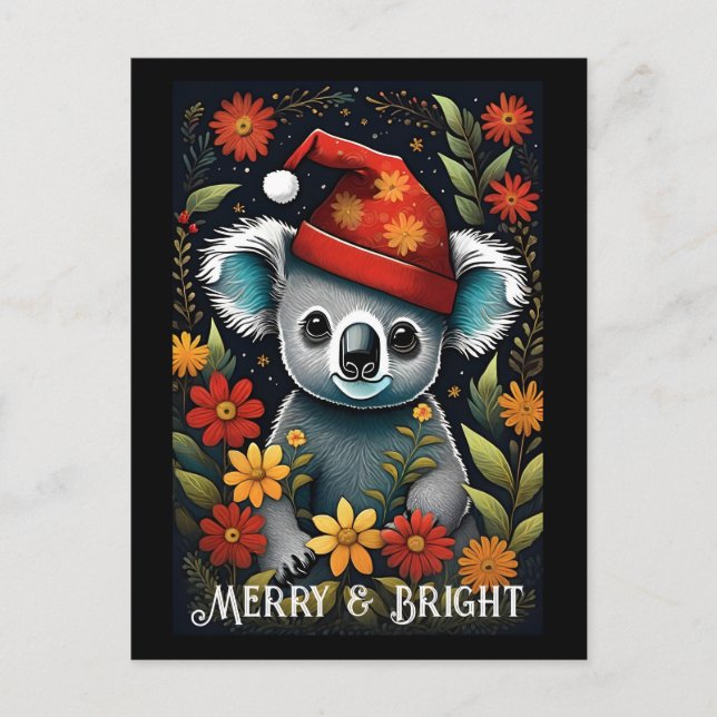 Flower Cute Santa Koala Bear Black Christmas  Postcard (Front)