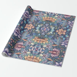 FLower Damask Blue Gold  Wrapping Paper