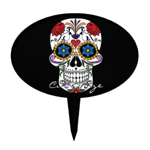 Flower Decorated Human Skull Art Thunder_Cove Cake Topper