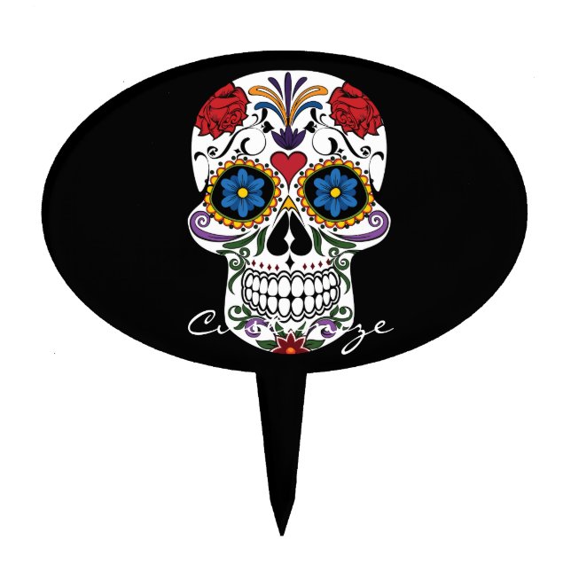 Flower Decorated Human Skull Art Thunder_Cove Cake Topper (Front)