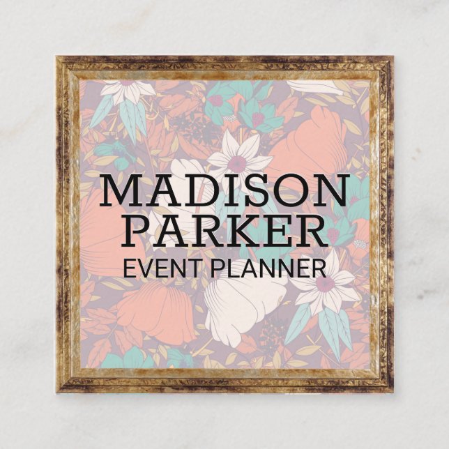 Flower Decorative Pattern | Antique Frame Square Business Card (Front)