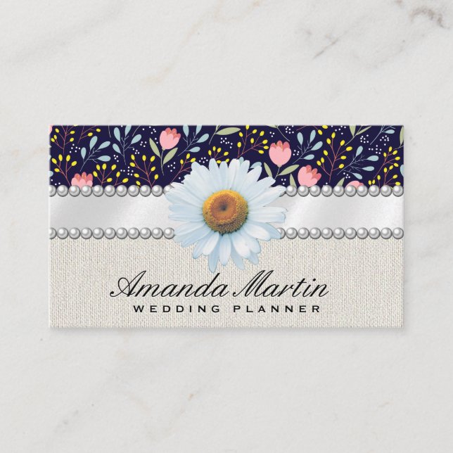 Flower Decorative Pattern | Pearls and Ribbon Business Card (Front)
