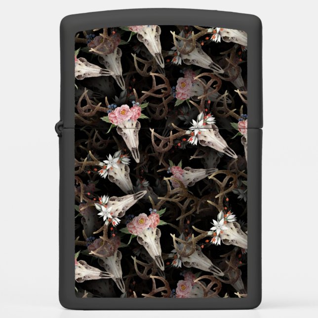 Flower Deer Skulls Pattern Zippo Lighter (Front)