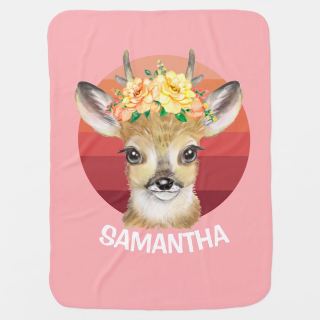 Flower Deer Sunset Personalize   Baby Blanket (Front)