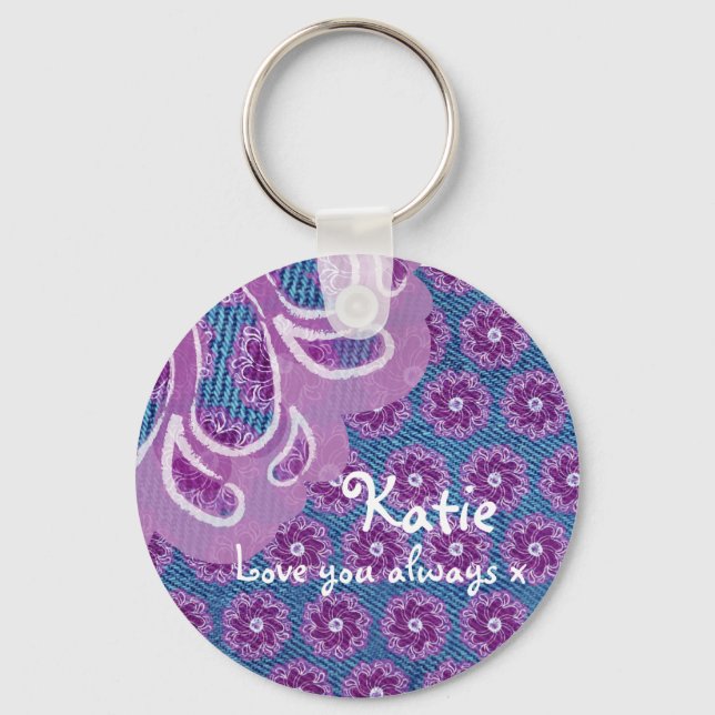 Flower & denim purple keepsake love you keychain (Front)