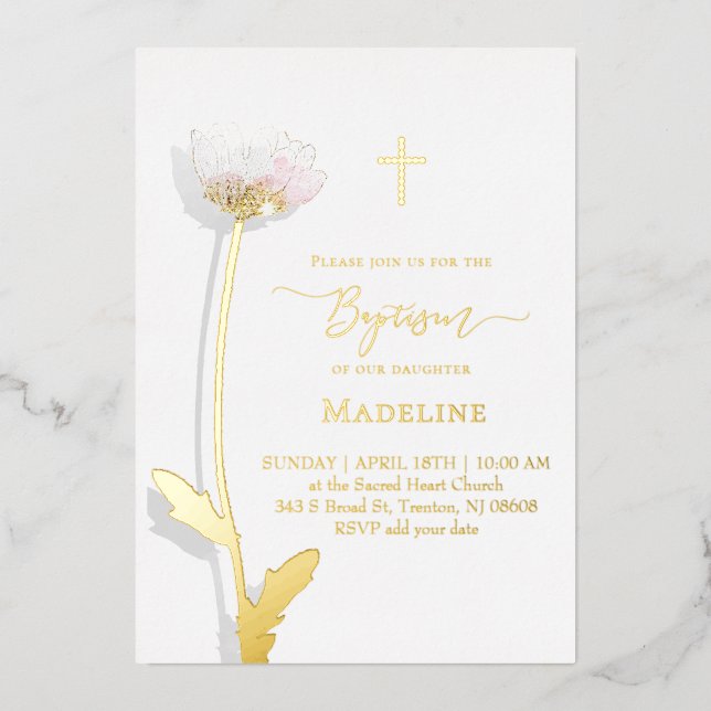  flower design Baptism Foil Invitation (Front)