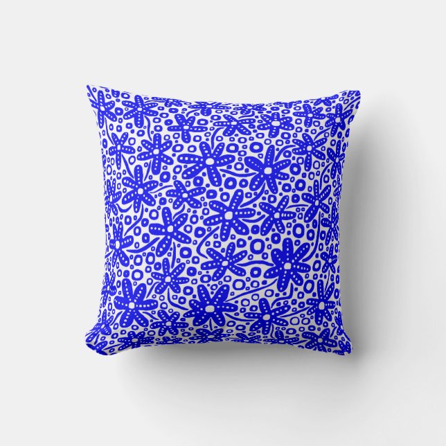 Flower Design - Blue on White Throw Pillow (Front)