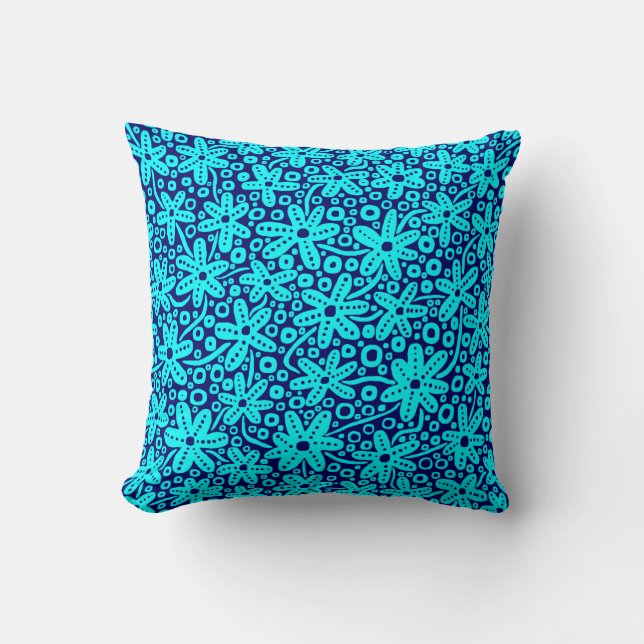 Flower Design - Cyan on Deep Navy Throw Pillow (Front)