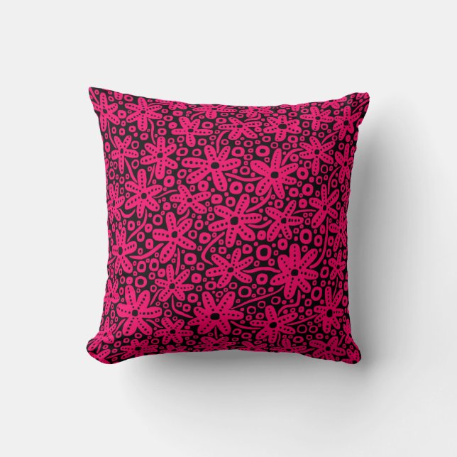 Flower Design - Neon Red on Black Throw Pillow (Front)