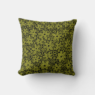 Flower Design - Olive Green on Black Throw Pillow