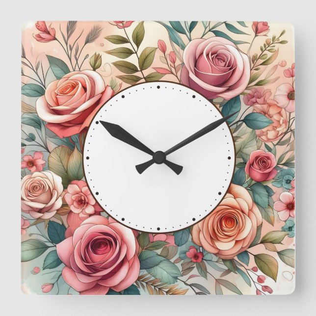 flower design square wall clock (Front)