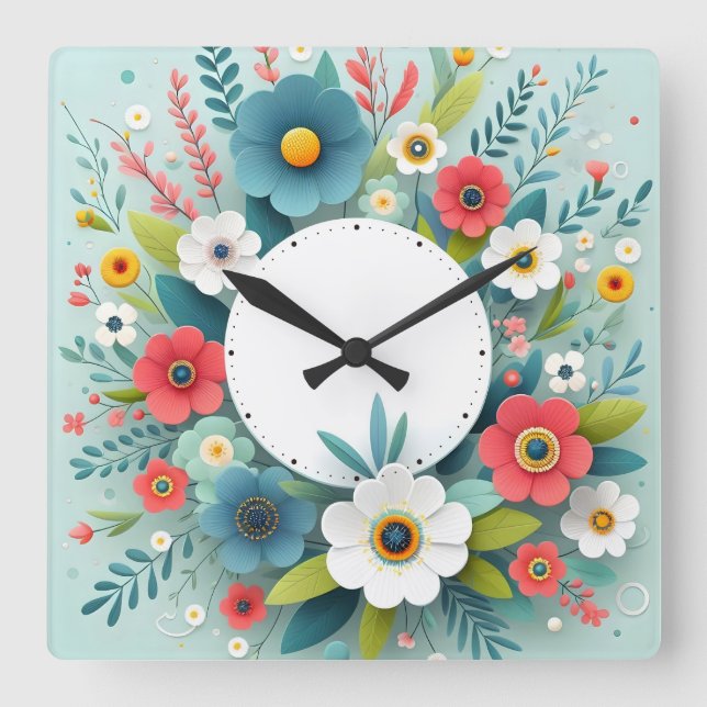 flower design square wall clock (Front)