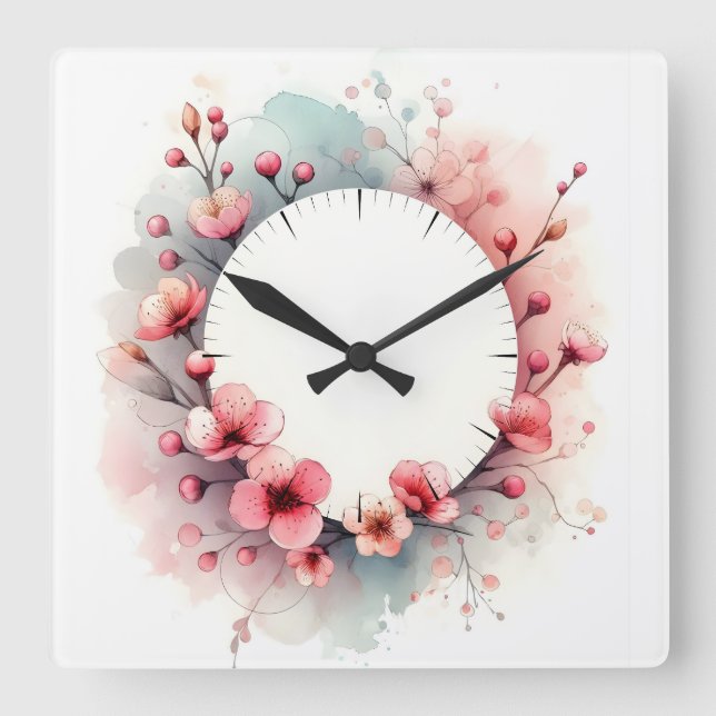 flower design square wall clock (Front)