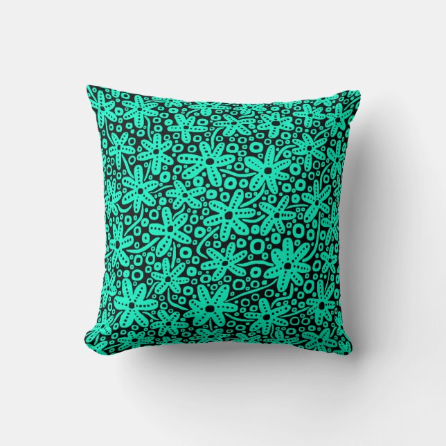 Flower Design - Turquoise on Black Throw Pillow (Front)