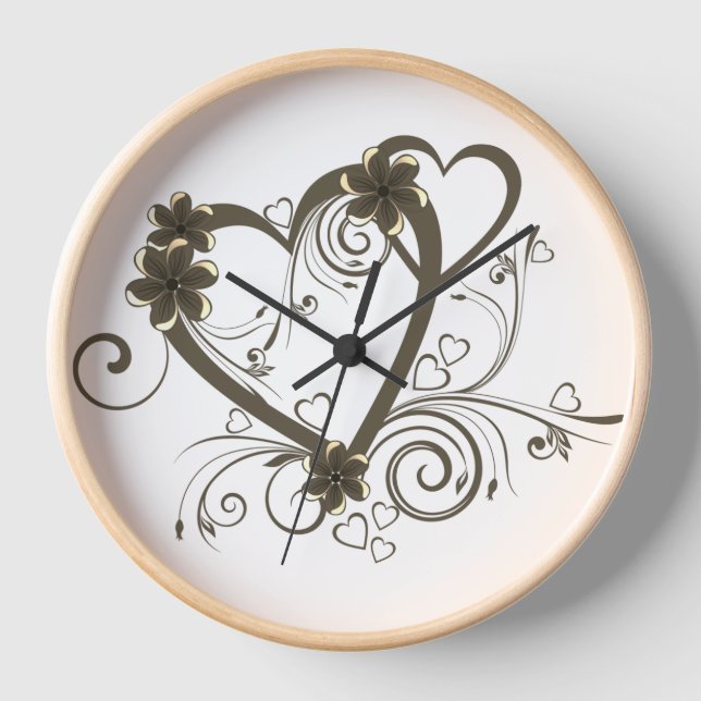 Flower Design Wall Clock, 10" Round Wood Frame Clock (Front)