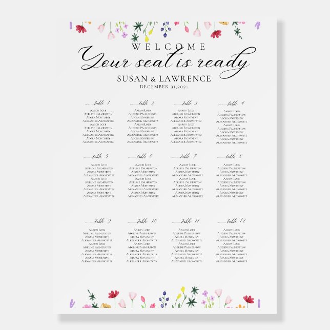 Flower Design Wedding 12 Table Seating Chart Foam Board (Front)