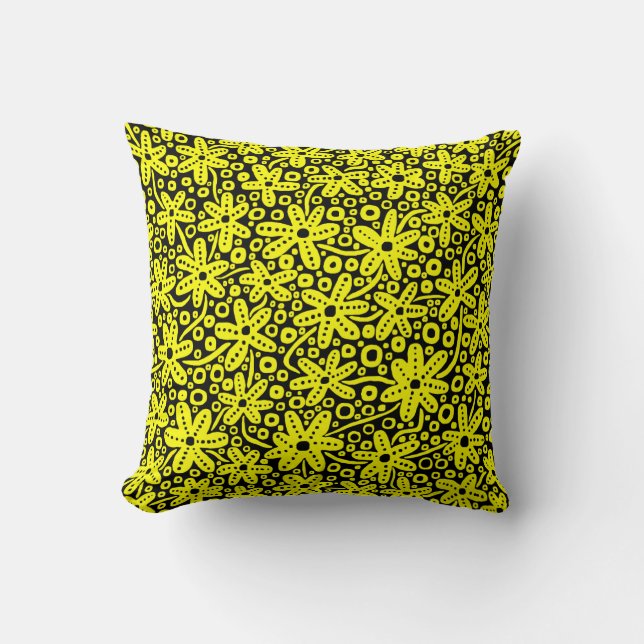 Flower Design - Yellow on Black Throw Pillow (Front)