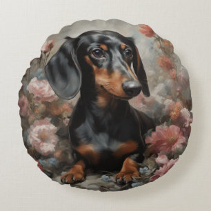 Flower Dog Breed Portraits 10 Round Pillow
