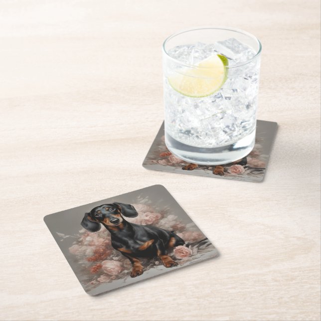 Flower Dog Breed Portraits 2 Square Paper Coaster (Insitu)