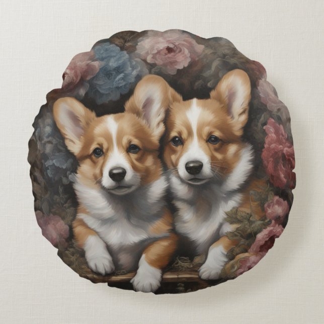 Flower Dog Breed Portraits 5 Round Pillow (Front)