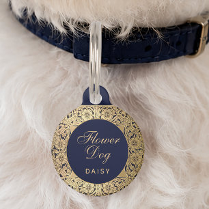 Flower Dog Gold Roses Navy Blue Elegant Wedding Pet ID Tag
