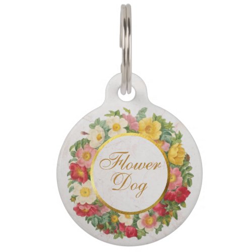 Flower Dog Rose Wreath Script Faux Gold Wedding Pet ID Tag
