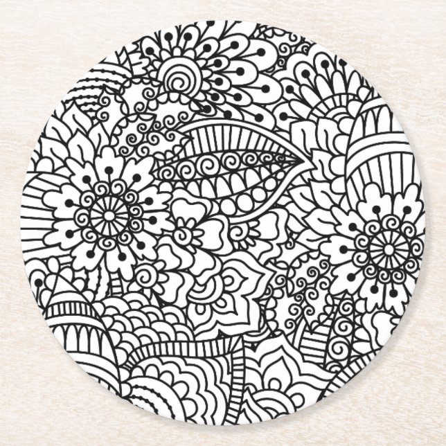 Flower Doodle Round Paper Coaster (Front)