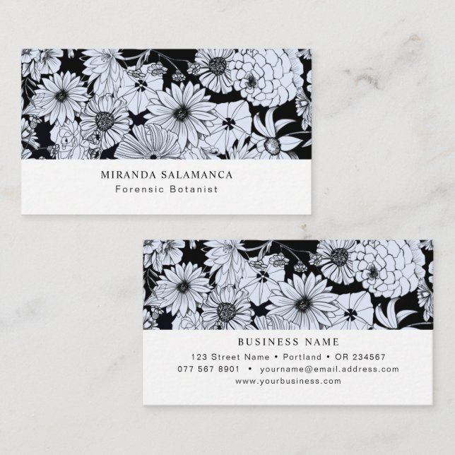 Flower drawing, black and white flowers business card (Front/Back)