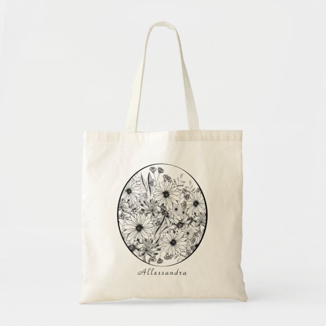 Flower drawing, black and white flowers tote bag (Front)